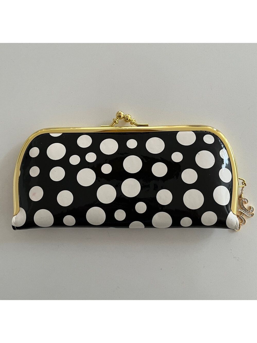 FAC Signed Polka Dot Wallet Gold Tone Frame Kiss Closure Whimsical Sparkle Charm